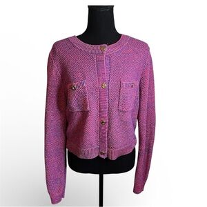 Marled Pink Purple Metallic Knit Cardigan Sz M Gold Button Pocket Y2K Style